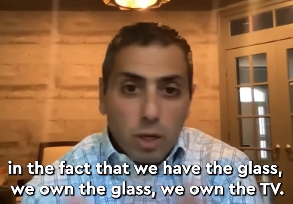 A television industry executive speaking on a video call, captioned &ldquo;in the fact that we have the glass, we own the glass, we own the TV.&rdquo;
